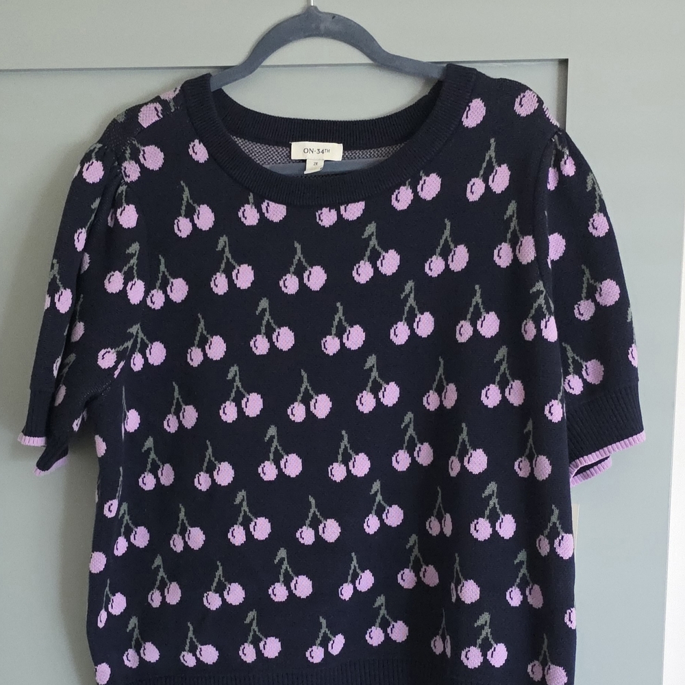 ON 34th Navy Sweater Top with Purple Cherry Motif